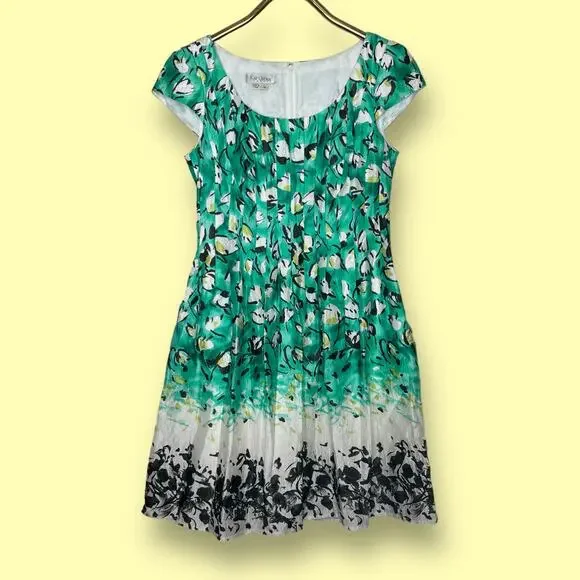 Kay Unger Dress Green Silk Cotton Blend Floral Fit Flare Scoop Neck Size 12 - Picture 12 of 13